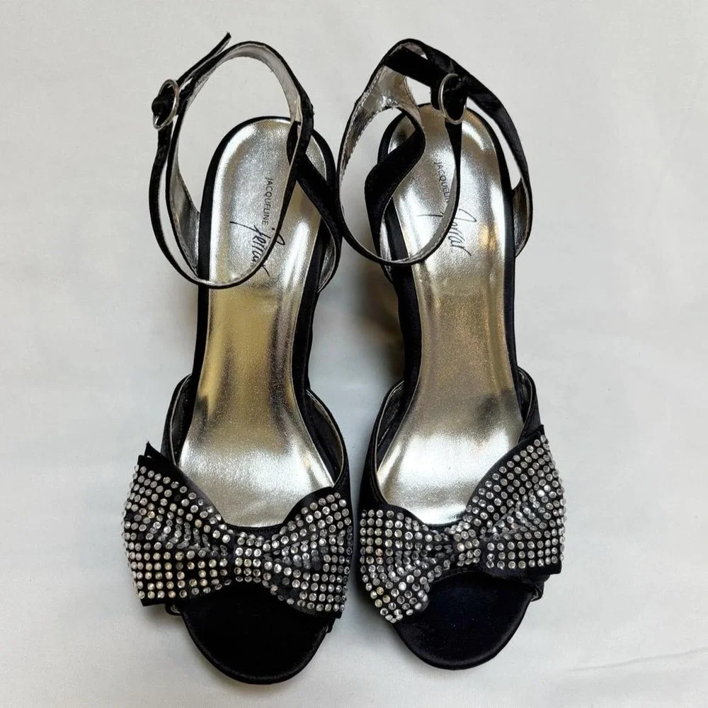 Black Satin Rhinestone Bow Platform Wedges Ankle Strap Jacqueline Ferrar 8 Glam